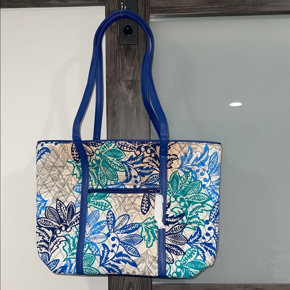 Vera Bradley Floral Blue and Green Small Trimmed Vera Tote Bag Santiago - Picture 1 of 9